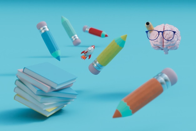 The concept of rapid learning books pencils a brain and a rocket on a blue background 3D render