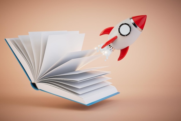 The concept of rapid learning an open book with a flying rocket on a pastel background 3D render