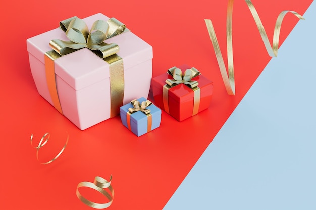 The concept of receiving gifts multicolored gift boxes and golden ribbons on a red blue background