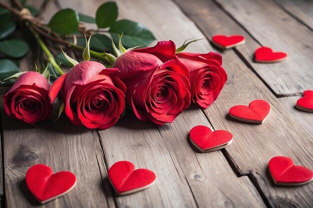 Concept red roses on a wooden table