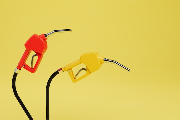 The concept of refueling cars refueling pistols in red and yellow on a yellow background 3D render