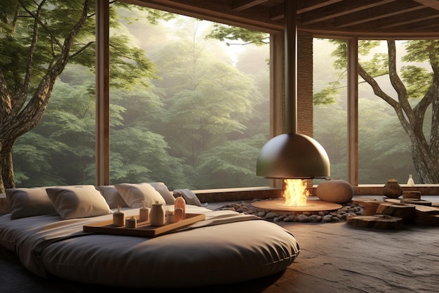 Photo concept of relaxation in meditation retreats amidst nature