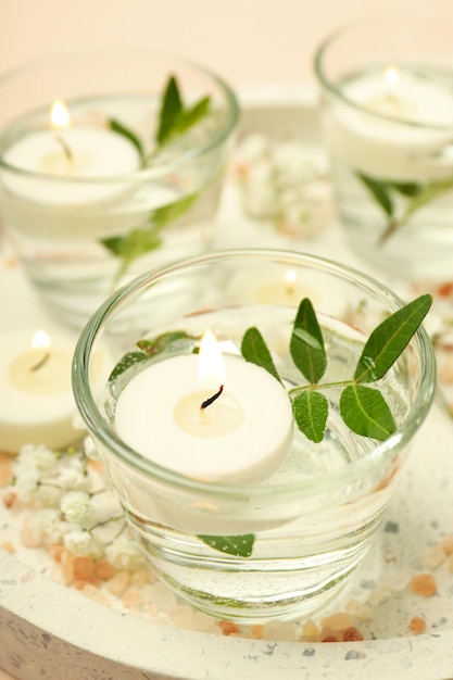 Concept of relaxation with aroma candles close up