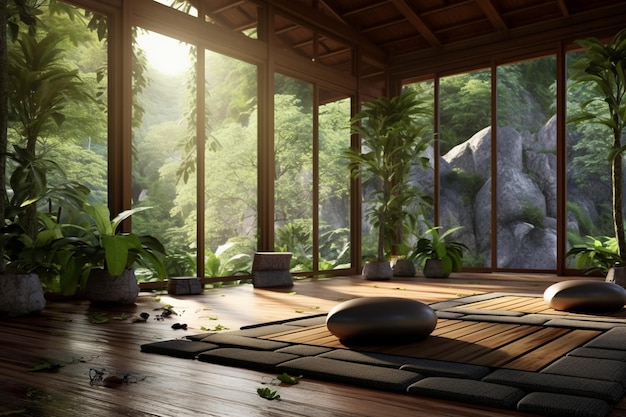 Concept of relaxation in yoga retreats amid lush nature