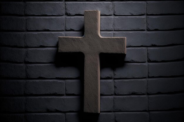 Concept of religion wooden cross on fresh black plastered brick wall