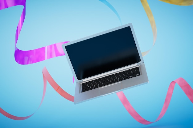 The concept of remote work An open laptop on a blue background with multicolored ribbons 3D render