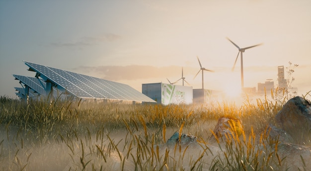 Photo concept of renewable energy solution in beautiful morning light. installation of solar power plant, container battery energy storage systems, wind turbine farm and city in background. 3d rendering.