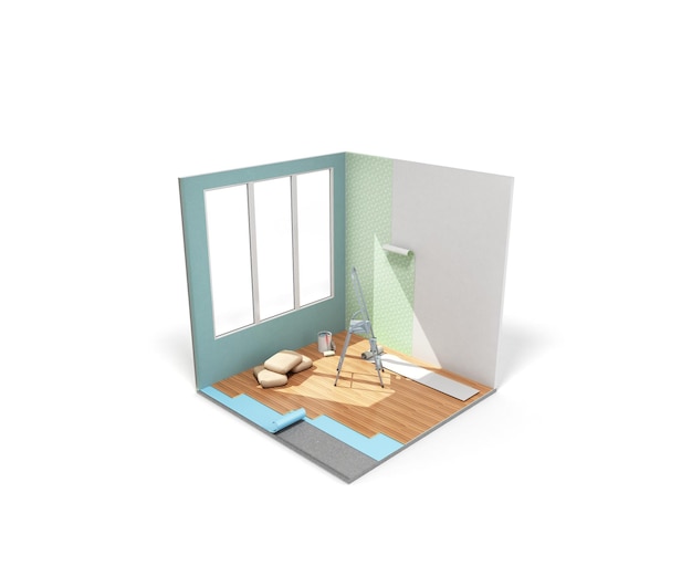 수리 작업 개념: 이소메트릭 저 폴리 홈  리모델링 아이콘 3D 렌더링 색에 그림자가 없습니다.