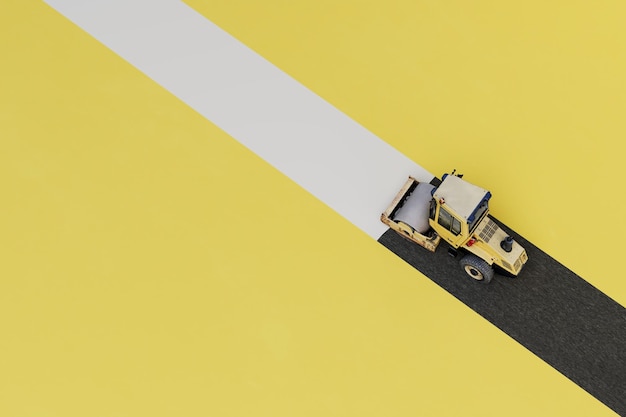 The concept of road surface repair asphalt paver on a white path on a yellow background 3D render