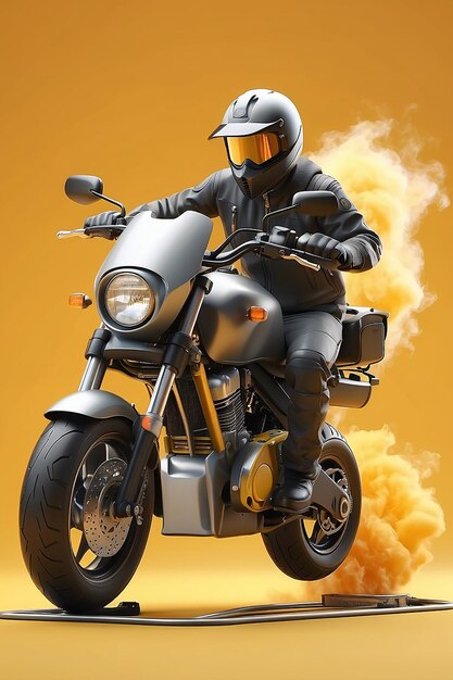 Concept of safe delivery of blowers by order accelerating on a motorcycle on a yellow background 3d render illustration