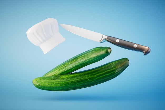 The concept of salad preparation cucumbers a knife and a chef's hat on a blue background 3D render