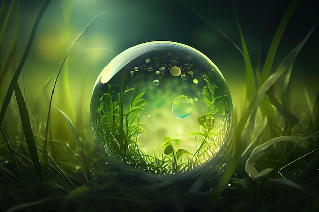 Концепция Сохранить мир сохранить окружающую среду Мир в траве на зеленом фоне боке
