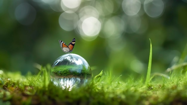 Concept save the world save environment the world is in the grass of the green bokeh background