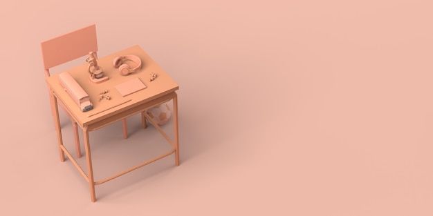 Concept of school and education Desk with educational objects 3D illustration Copy space
