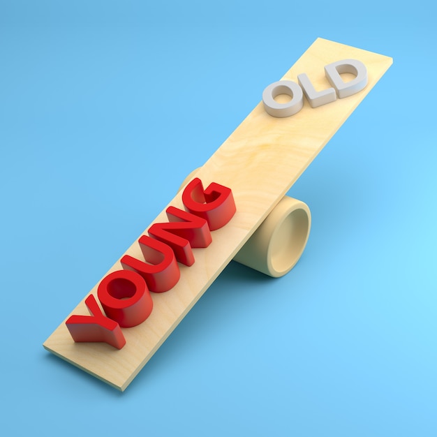 Concept Seesaw with Text Young and Old. 3d Rendering