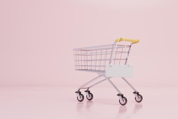 The concept of shopping in a supermarket a food cart and a blank sign on it copy paste copy space