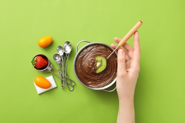 Concept smakelijke en zoete voedselchocoladefondue