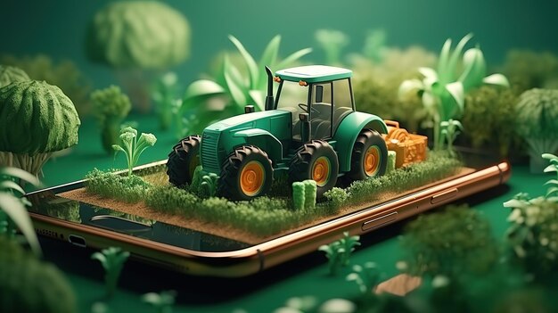 The concept of smart farming a tractor on a smartphone advertising online management of the company