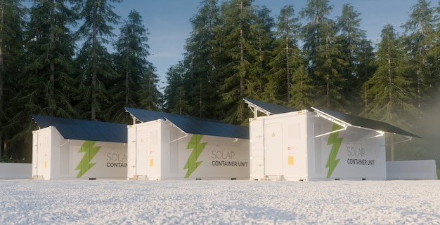 Концепция солнечных контейнеров, расположенных в лесной среде. 3D иллюстрации.
