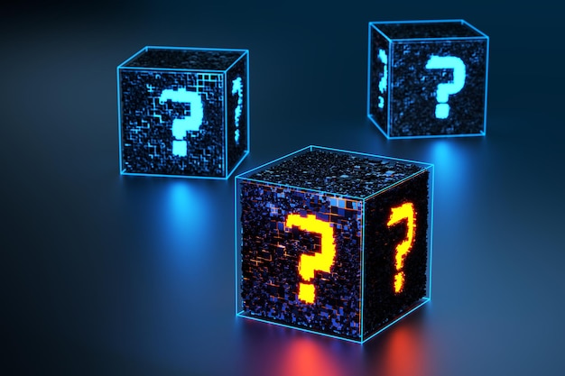 Concept of solving the issue FAQ Question mark on an abstract hitech cube 3d render