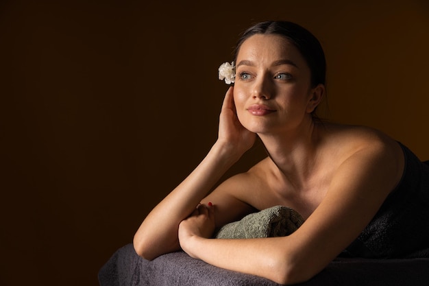 Photo concept of spa relax and self care with beautiful young woman