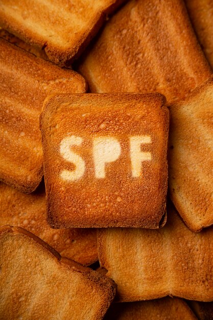 Concept of SPF cream on toasted bread background