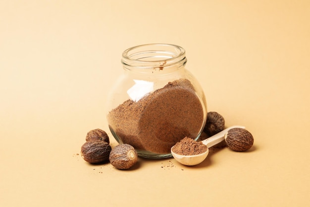 Concept of spices and condiments nutmeg powder