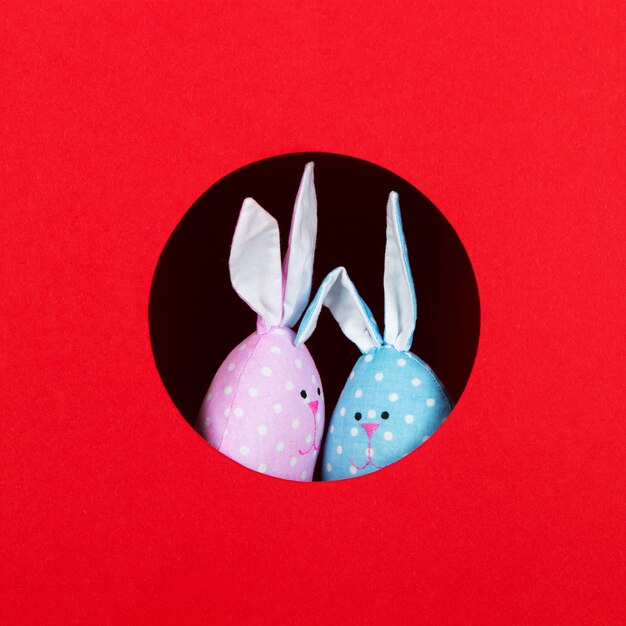 The concept of spring, happy Easter, eared pink and blue rabbit handmade, peek out of the hole on a red background. Copy space.