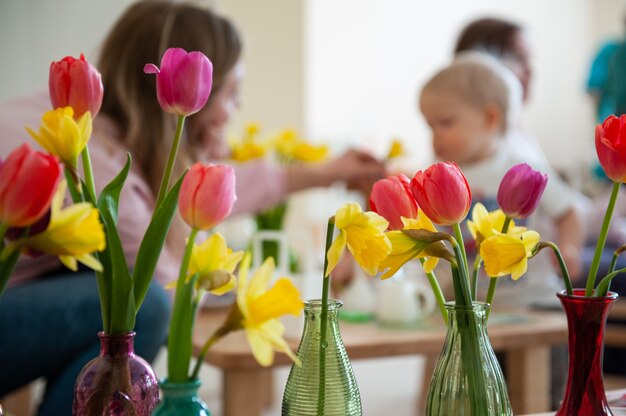 Concept of spring holiday womens day or mothers day in montessori school