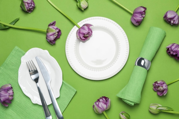 Concept of spring season table setting top view