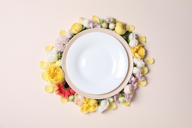 Concept of spring season table setting top view