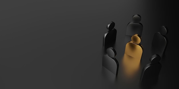 concept stand successful leadership person or insurance by gold and black 3d icon people background