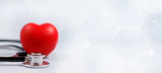 Concept stethoscope and red heart with Health insurance doctor stethoscope and red heart check heart health care instrument for checking heart on the white background represents exercise isolated