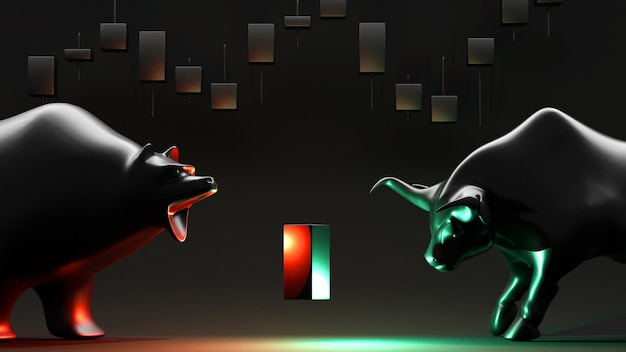 concept of stock market exchange or financial analysisbull and bear with futuristic element
