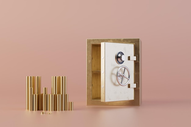 the concept of storing money in a safe stacks of coins next to an open safe 3d render