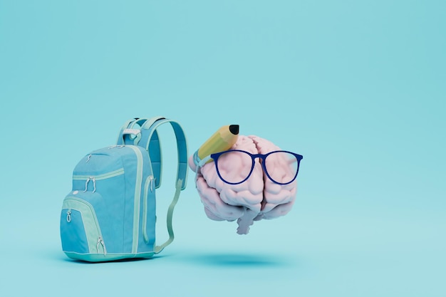 The concept of studying at school a backpack next to which the brain is wearing glass with a pencil