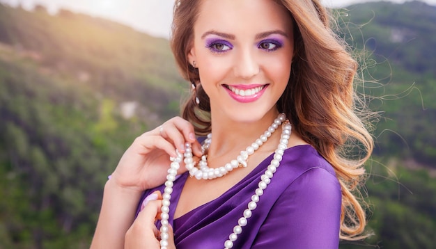 Concept of Success beautiful woman wear purple dress with pearls