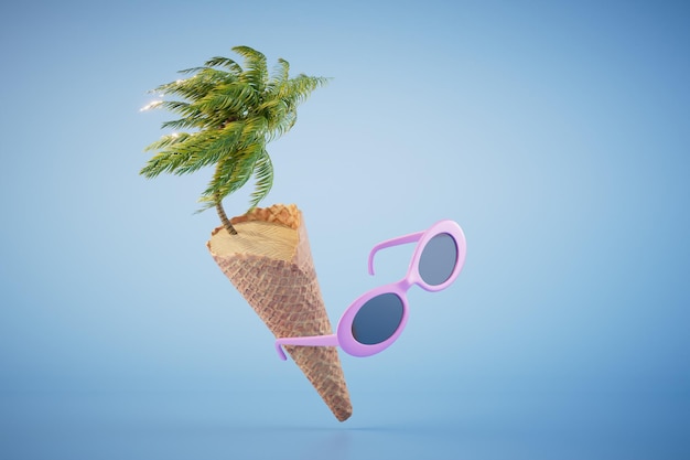 The concept of summer holidays ice cream in a waffle cone sunglasses and a palm branch 3D render