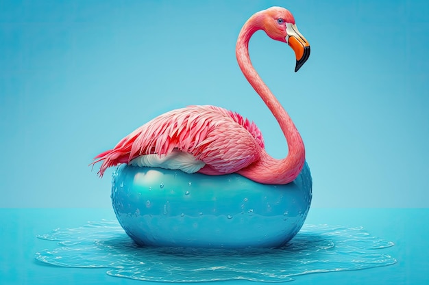 Concept for a summer pool party with an inflatable pink flamingo on a blue background