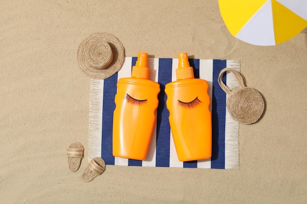 Concept of summer skin care accessories top view