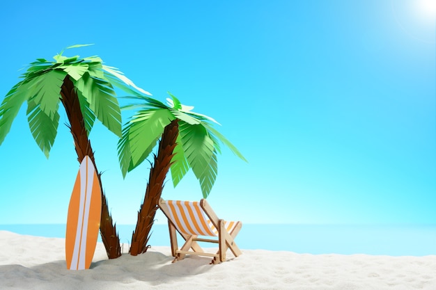 The concept of summer vacation. Beautiful view of the sandy coast background with palm trees and holiday accessories