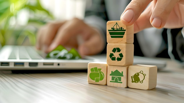 Photo concept of sustainable development displayed with wooden blocks a hand arranging eco icons business and environmental care simple and educational imagery ai