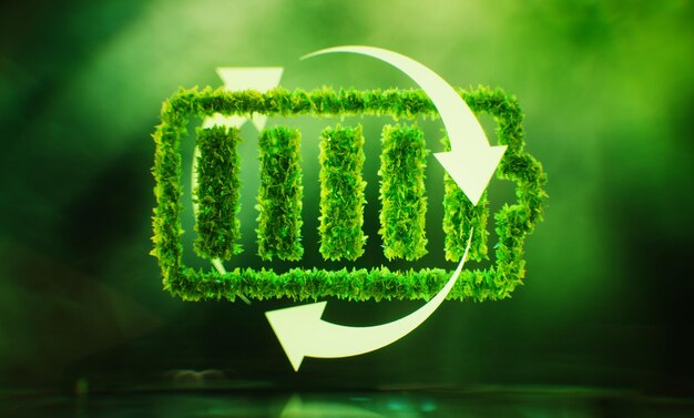 Photo the concept of sustainable energy storage in the form of a battery symbol covered with leaves on a lush green background 3d rendering