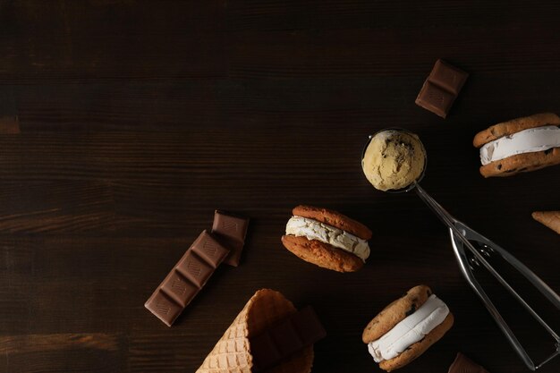 テキストのためのアイス クリーム スペースと甘い食べ物クッキーの概念