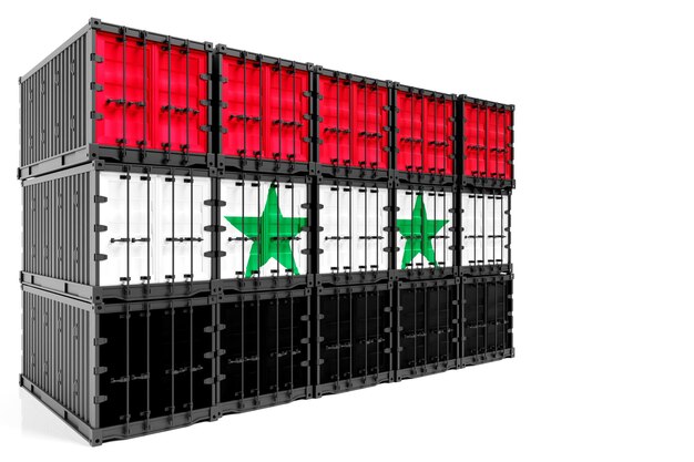 시리아 수출입 컨테이너 운송 및 상품의 전국 배송 개념 시리아 국기가있는 운송 컨테이너 전면보기