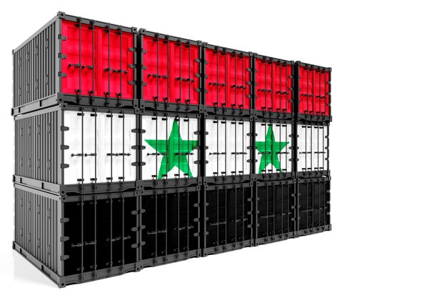 Концепция перевозки экспортно-импортных контейнеров в Сирии и доставки товаров по стране Транспортный контейнер с национальным флагом Сирии вид спереди