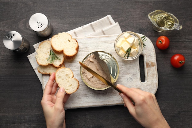 Concept of tasty appetizers with pate top view