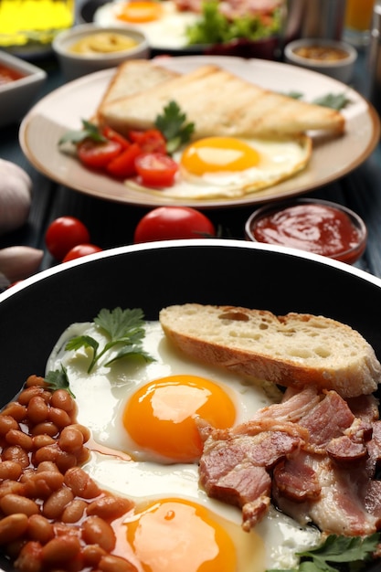 Concept of tasty breakfast, close up and selective focus