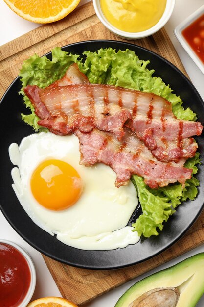 Concept of tasty breakfast on white background