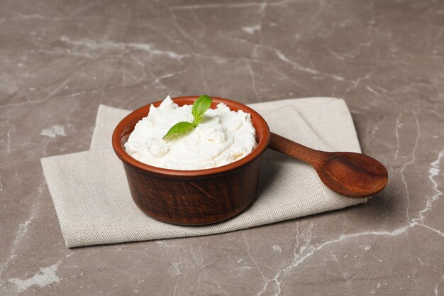 Photo concept of tasty dairy product ricotta cheese